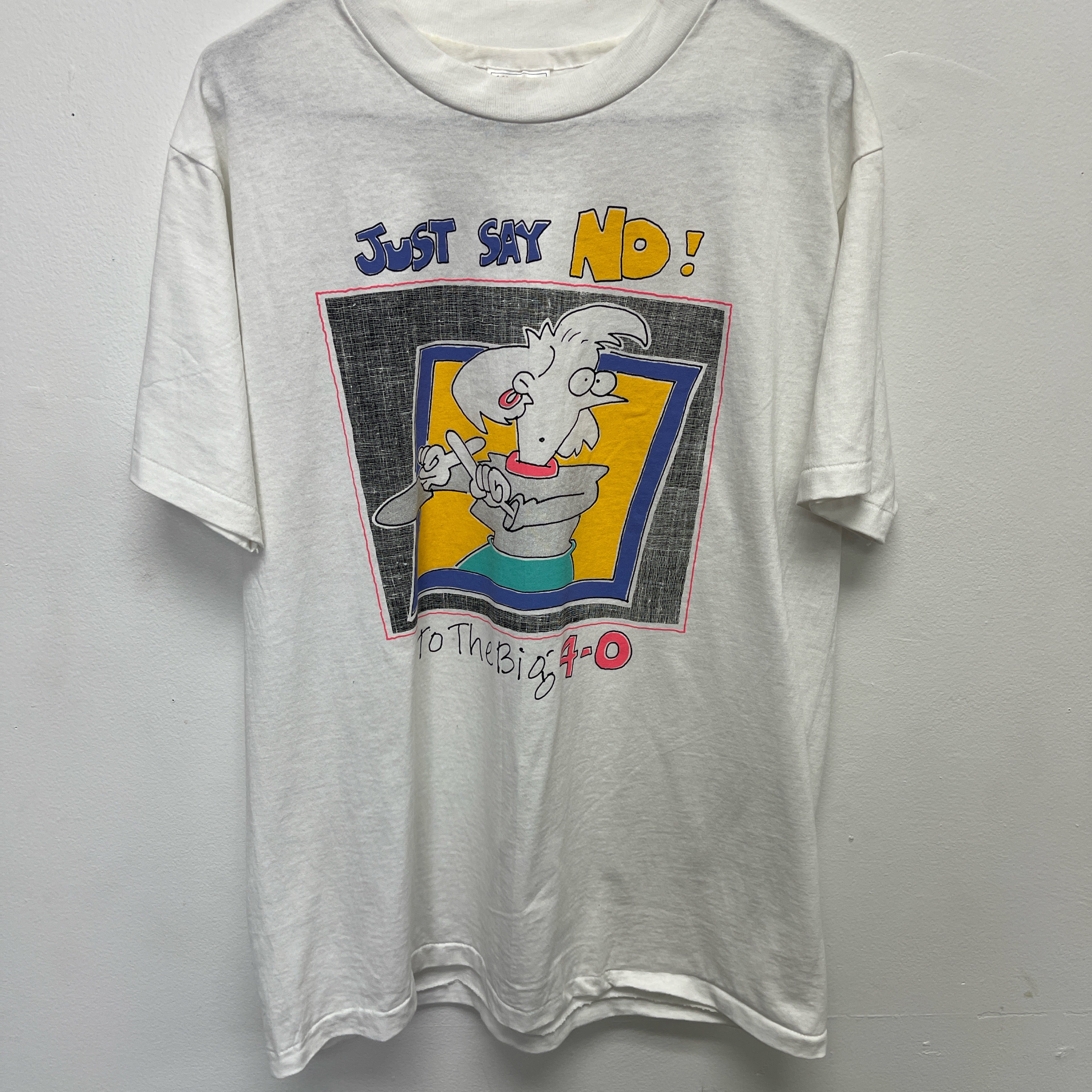 White vintage 90s graphic tee with "Just Say No" design clothing size Large